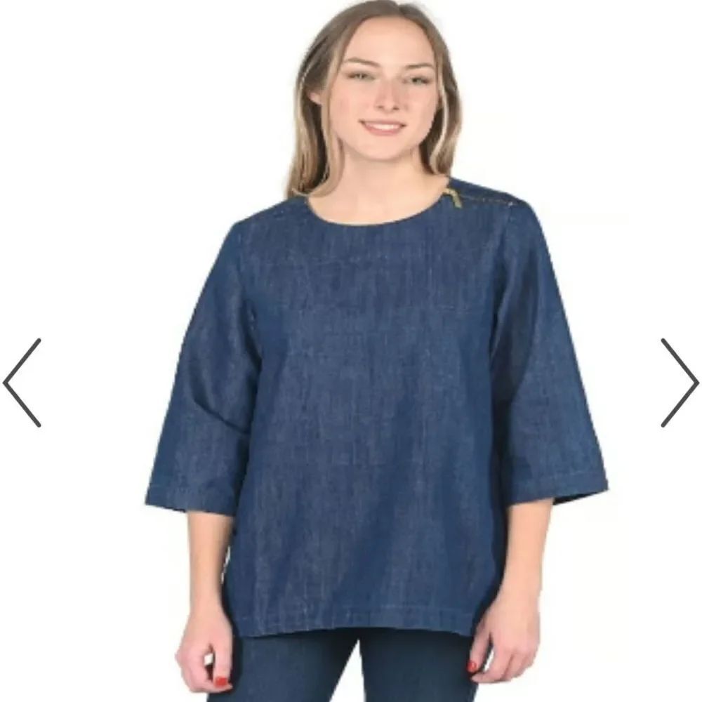 Martha Stewart Everyday Blue Denim Tunic Shoulder Zip Blouse Large